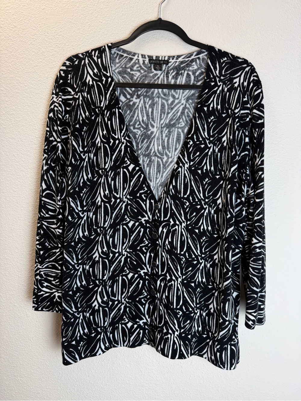 Lafayette 148 New York Women XL Cardigan Sweater Black White Abstract V-Neck